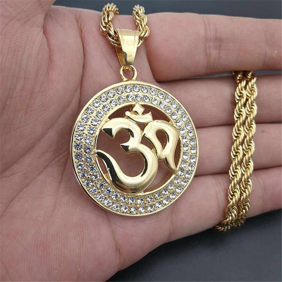Hip Hop Round Indian Yoga Pendant Necklace Gold Color Stainless Steel OHM Hindu Buddhist AUM OM.jpg q50