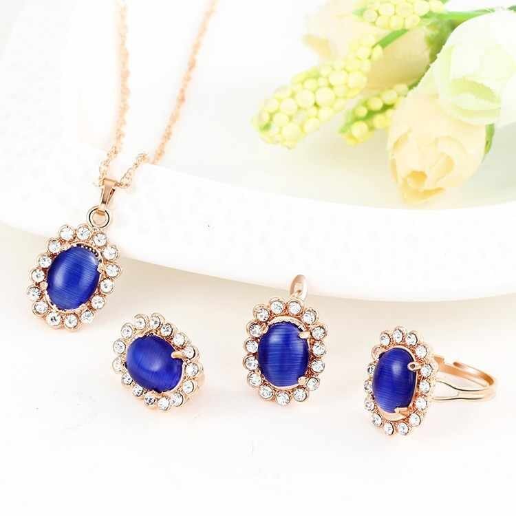 New Wholesale Women Jewelry Set Gold Color Lovely Navy Blue Crystal Flower Earring Necklace Ring 3.jpg q50