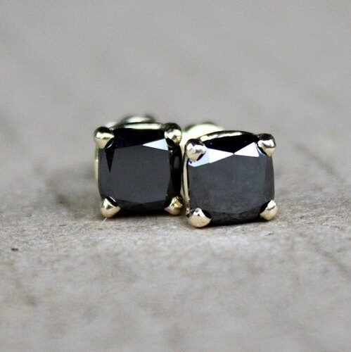 2 Ct Black Diamond Cushion Cut Stud Gold Earrings 500x500