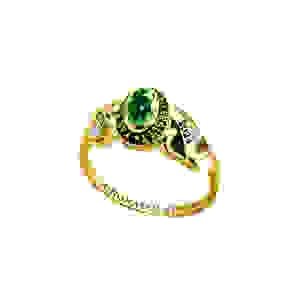 a gold ring with a green stone